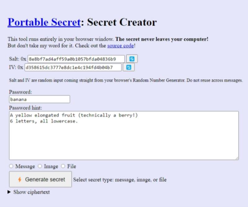 Portable Secret 以 HTML 傳送加密文字、圖片和檔案，可自訂密碼及密碼提示