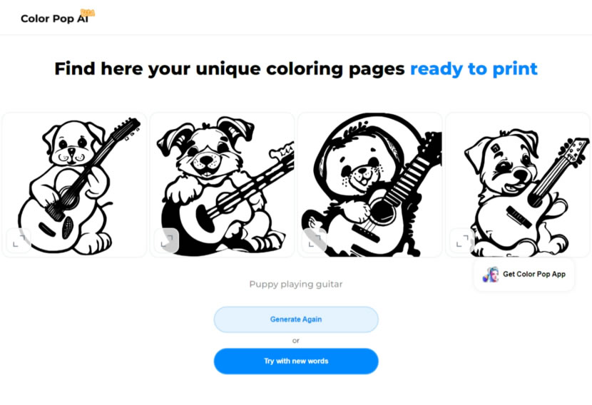 Color pop AI 讓 AI 根據文字描述產出著色圖紙的免費網站 Color pop AI 讓 AI 根據文字描述產出著色圖紙的免費網站