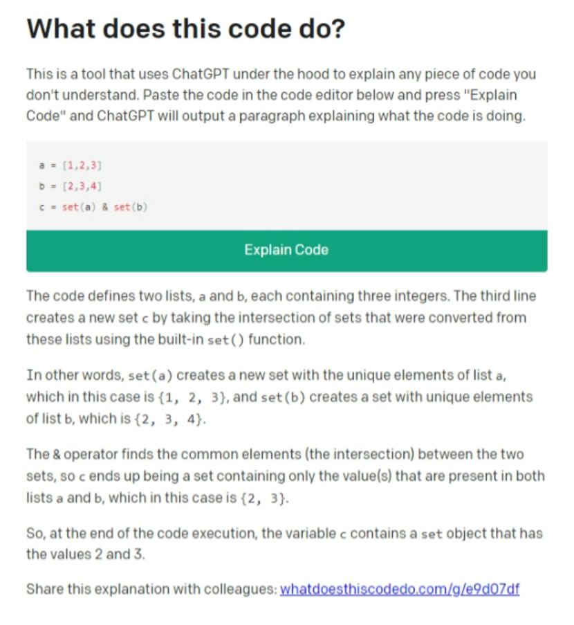 「What does this code do」用 ChatGPT 解釋程式碼並可產生網址多人討論