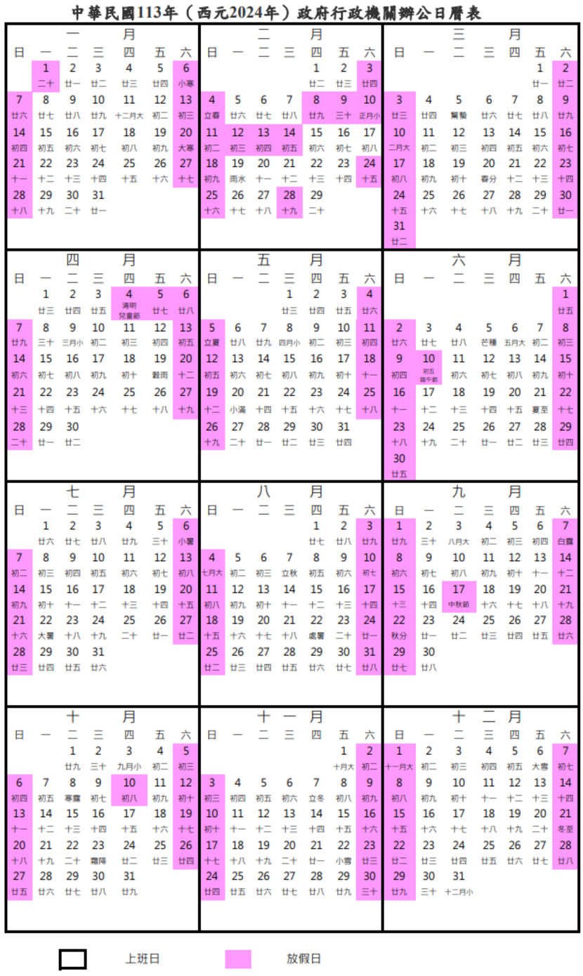 中華民國 113年(西元 2024年)行事曆 全年放假115天有4個連假,春節休7天 中華民國 113年(西元 2024年)行事曆 全年放假115天有4個連假,春節休7天