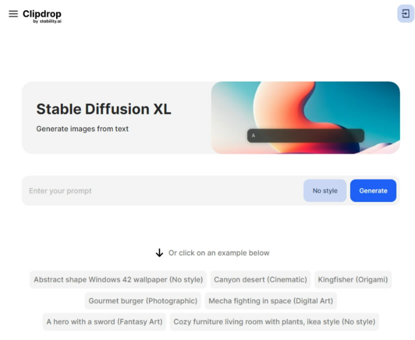 Clipdrop Stable Diffusion 由 AI 根據文字描述產出相關內容的圖片，可套用風格範本