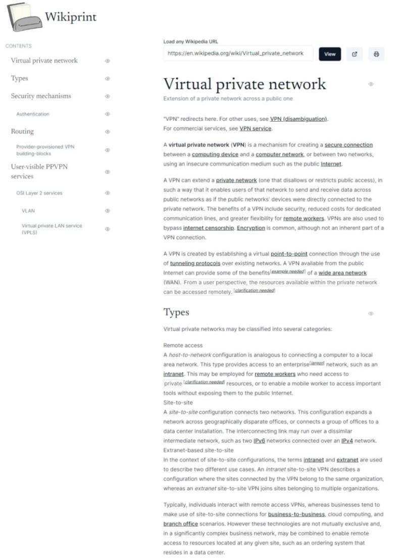 Wikiprint 讓維基百科可以列印出易於閱讀的模式，還可自選要列印的目次