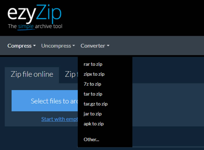 ezyZip 壓縮與解壓縮線上工具，支援 zip、rar、7z
