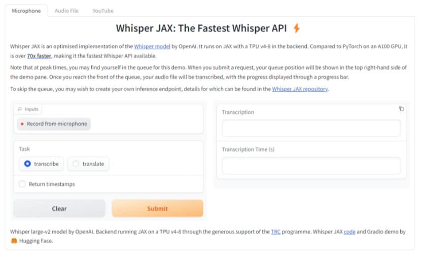 Whisper JAX 免費語音轉文字工具，適用 Microphone、Audio File 及 YouTube 影片