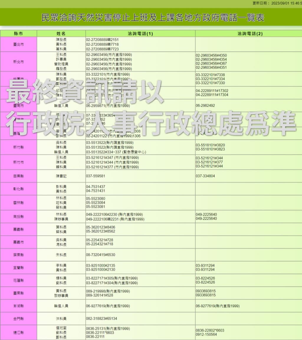 颱風天停班停課最新資訊查詢:行政院人事行政總處 颱風天停班停課最新資訊查詢:行政院人事行政總處
