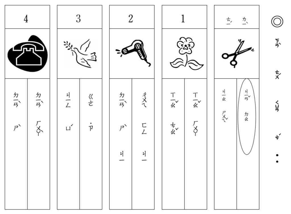 國小一年級注音符號大會考題庫，有「先拼音在造詞」、「回答問題」、「看圖圈字」等 8 個單元