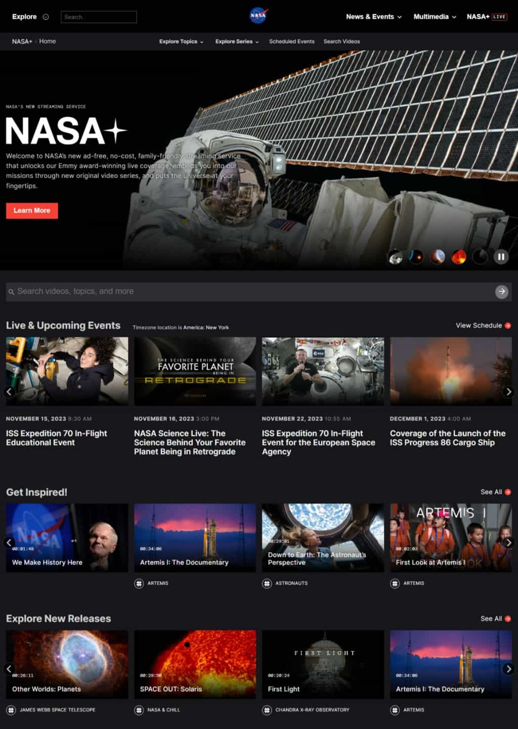 NASA+ 免費串流影音服務，提供探索宇宙相關紀錄片、直播及講座
