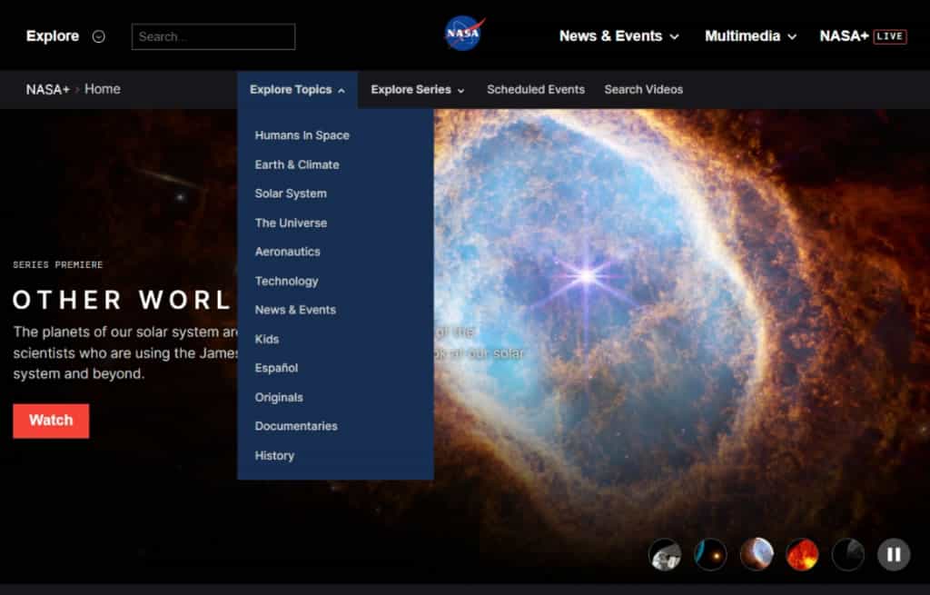 NASA+ 免費串流影音服務，提供探索宇宙相關紀錄片、直播及講座