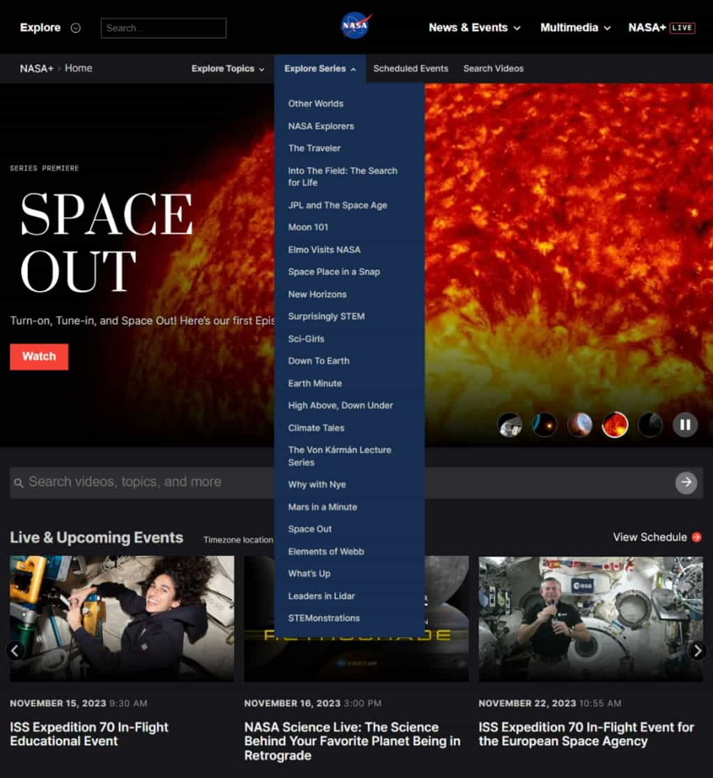 NASA+ 免費串流影音服務，提供探索宇宙相關紀錄片、直播及講座