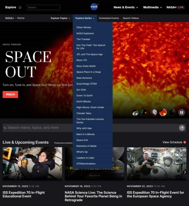 NASA+ 免費串流影音服務，提供探索宇宙相關紀錄片、直播及講座