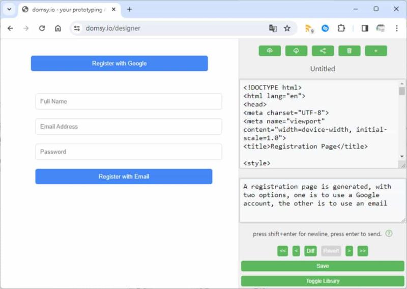 Domsy.io 使用 AI 設計網站、Web 應用程式原型，無需技術經驗即可生成程式碼