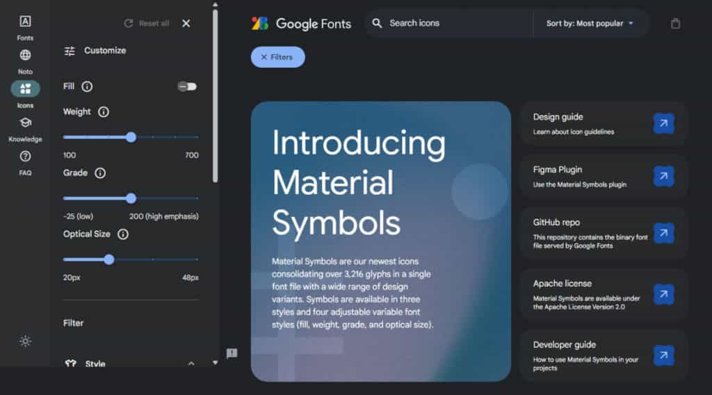 Material Symbols & Icons：Google Fonts 所推出圖示字型，還有 SVG 及 PNG 可選