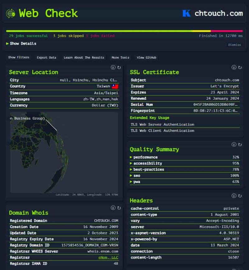 Web Check：全面分析網站運行狀況，提供全面資訊與指標
