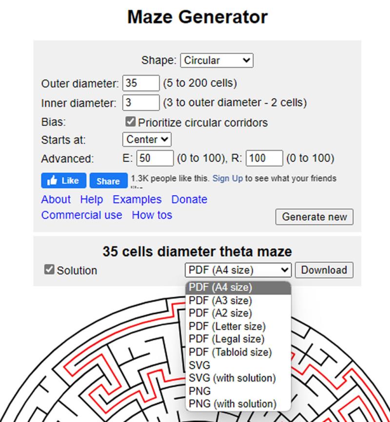 Maze Generator 線上迷宮產生器，附解答並可轉 PDF 或 SVG、PNG 圖檔
