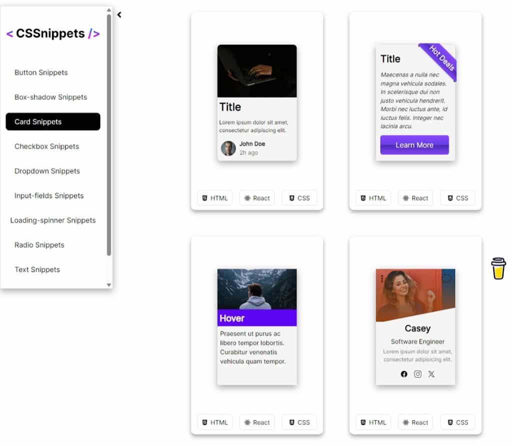 CSSnippets：CSS 範例精選，附 HTML、React 及 CSS 程式碼