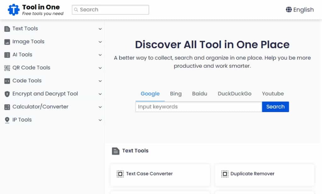 ToolinOne：涵蓋搜尋引擎、文字、圖片及 AI 等多功能工具的免費平台