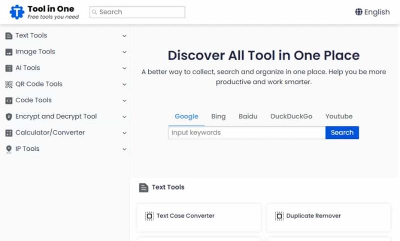 ToolinOne：涵蓋搜尋引擎、文字、圖片及 AI 等多功能工具的免費平台