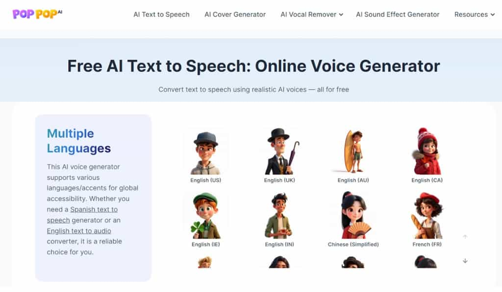 免費文字轉語音 PopPop AI Free Text to Speech 線上工具：無需註冊，支援多語言與多種情緒選項