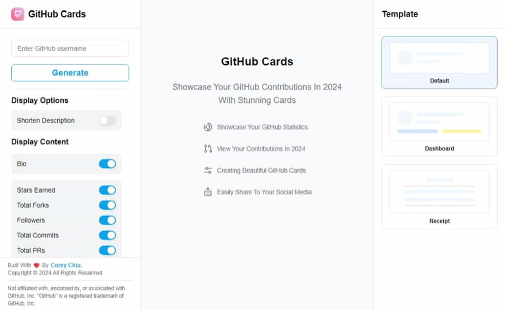 GitHub Cards：用精美卡片呈現在 GitHub 所獲得的成就數據，可選顯示內容與卡片樣式