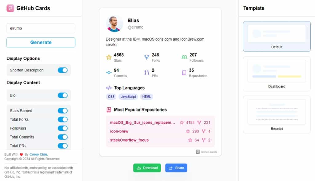 GitHub Cards:用精美卡片呈現在 GitHub 所獲得的成就數據,可選顯示內容與卡片樣式 GitHub Cards:用精美卡片呈現在 GitHub 所獲得的成就數據,可選顯示內容與卡片樣式