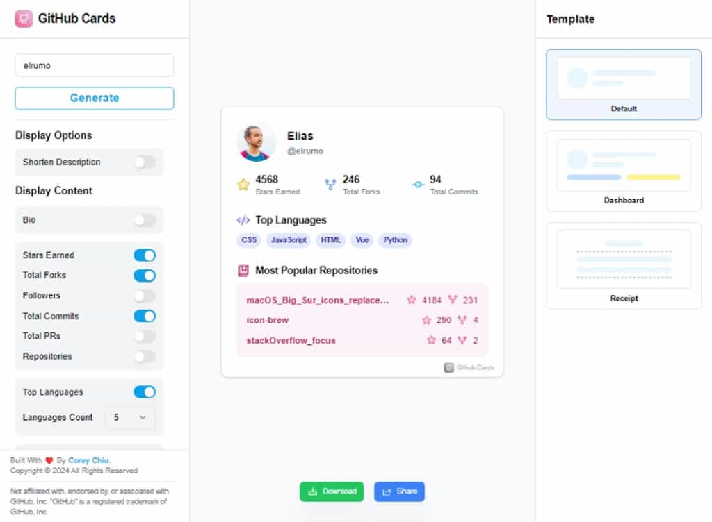 GitHub Cards:用精美卡片呈現在 GitHub 所獲得的成就數據,可選顯示內容與卡片樣式 GitHub Cards:用精美卡片呈現在 GitHub 所獲得的成就數據,可選顯示內容與卡片樣式