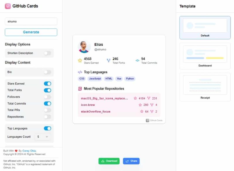 GitHub Cards：用精美卡片呈現在 GitHub 所獲得的成就數據，可選顯示內容與卡片樣式