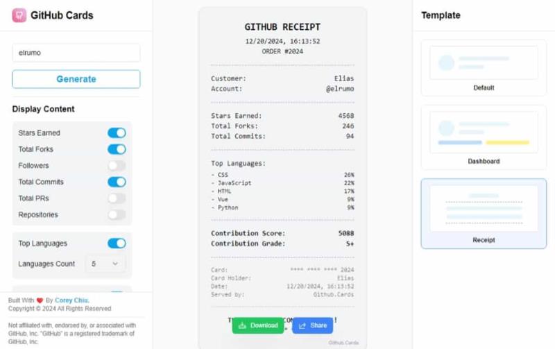 GitHub Cards：用精美卡片呈現在 GitHub 所獲得的成就數據，可選顯示內容與卡片樣式