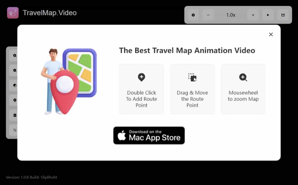 Travel Map Video：用影片的方式紀錄旅遊或出差路線圖，可選到達的交通工具
