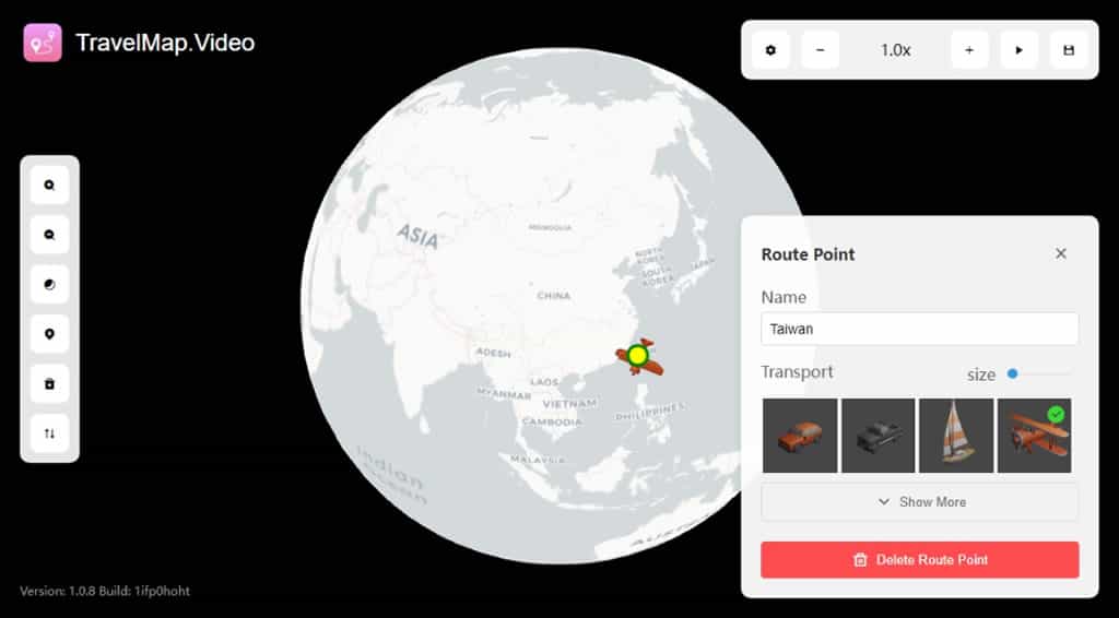 Travel Map Video：用影片的方式紀錄旅遊或出差路線圖，可選到達的交通工具