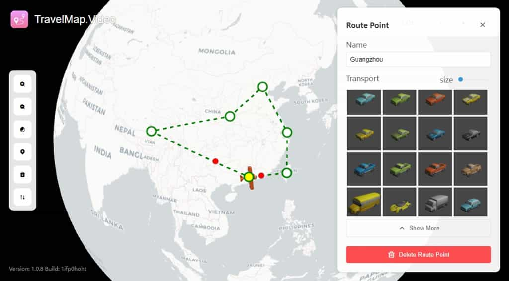 Travel Map Video：用影片的方式紀錄旅遊或出差路線圖，可選到達的交通工具