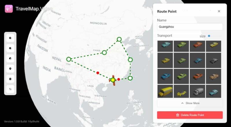 Travel Map Video：用影片的方式紀錄旅遊或出差路線圖，可選到達的交通工具
