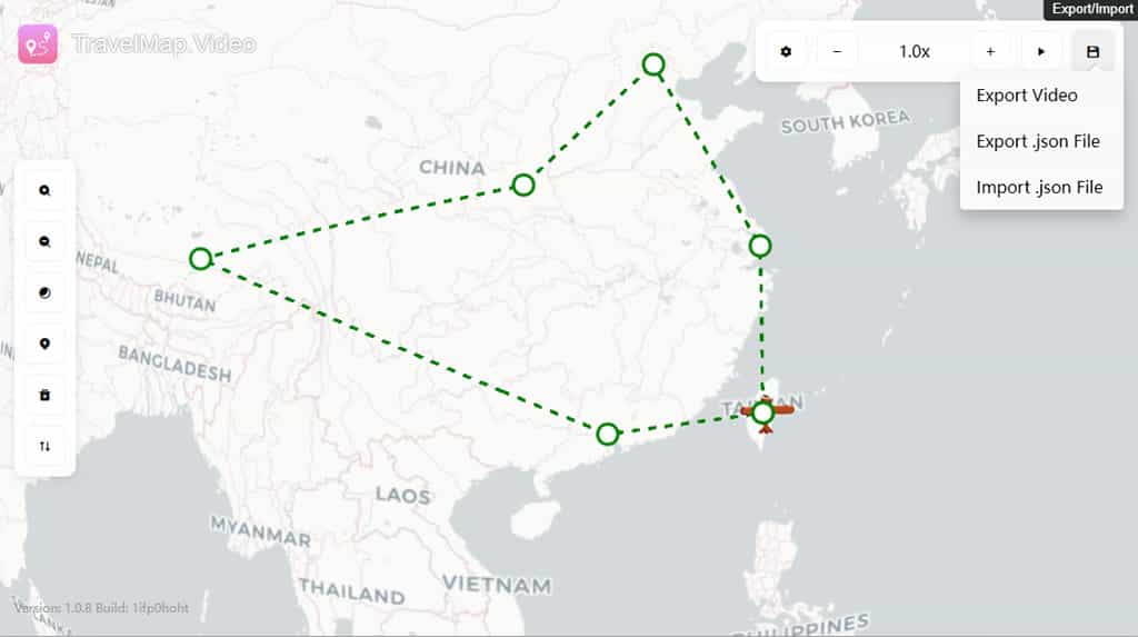 Travel Map Video：用影片的方式紀錄旅遊或出差路線圖，可選到達的交通工具
