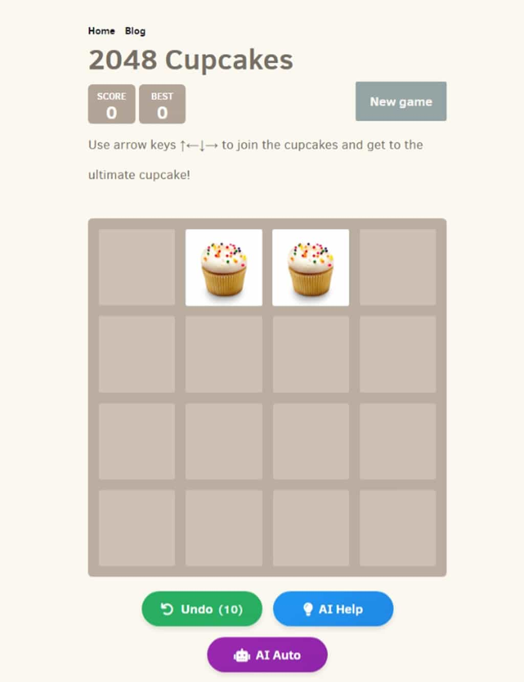 2048 Cupcakes 經典單人 2048 滑塊線上遊戲，AI 輔助輕鬆挑戰高分