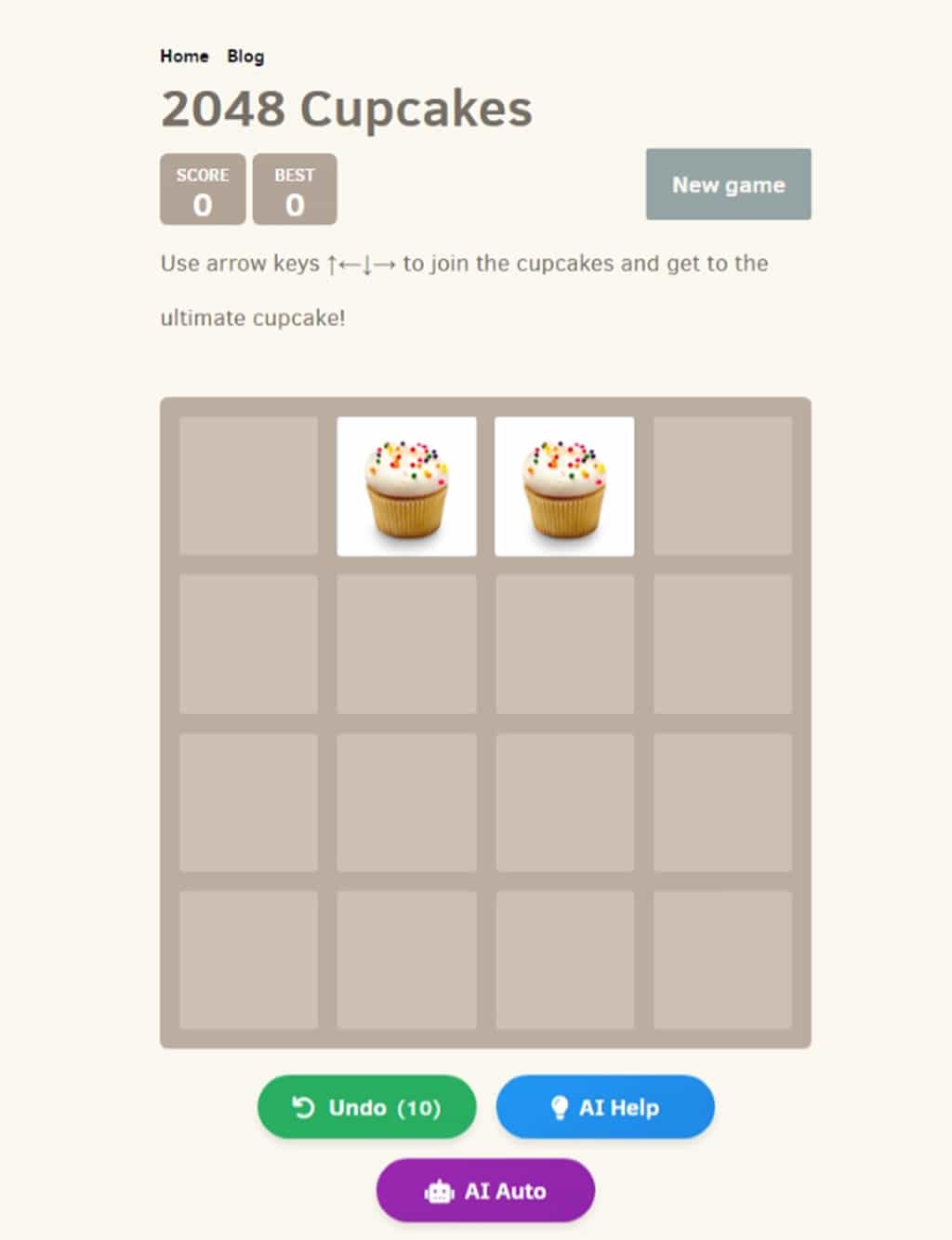 2048 Cupcakes 經典單人 2048 滑塊線上遊戲，AI 輔助輕鬆挑戰高分