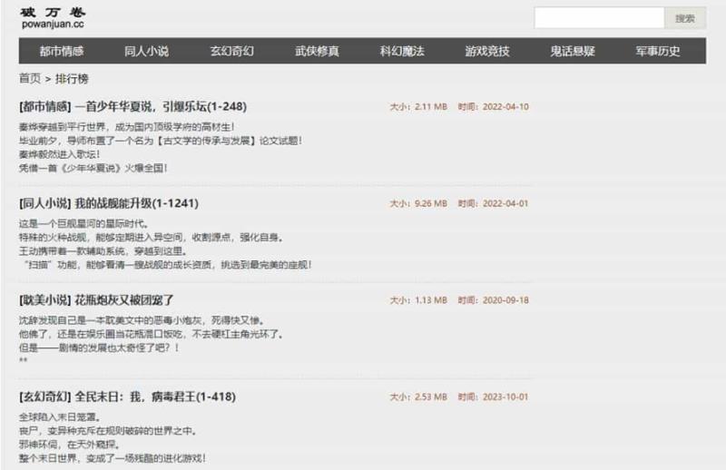 破萬卷小說網：線上小說免費閱讀與下載，支援下載成 TXT文字檔