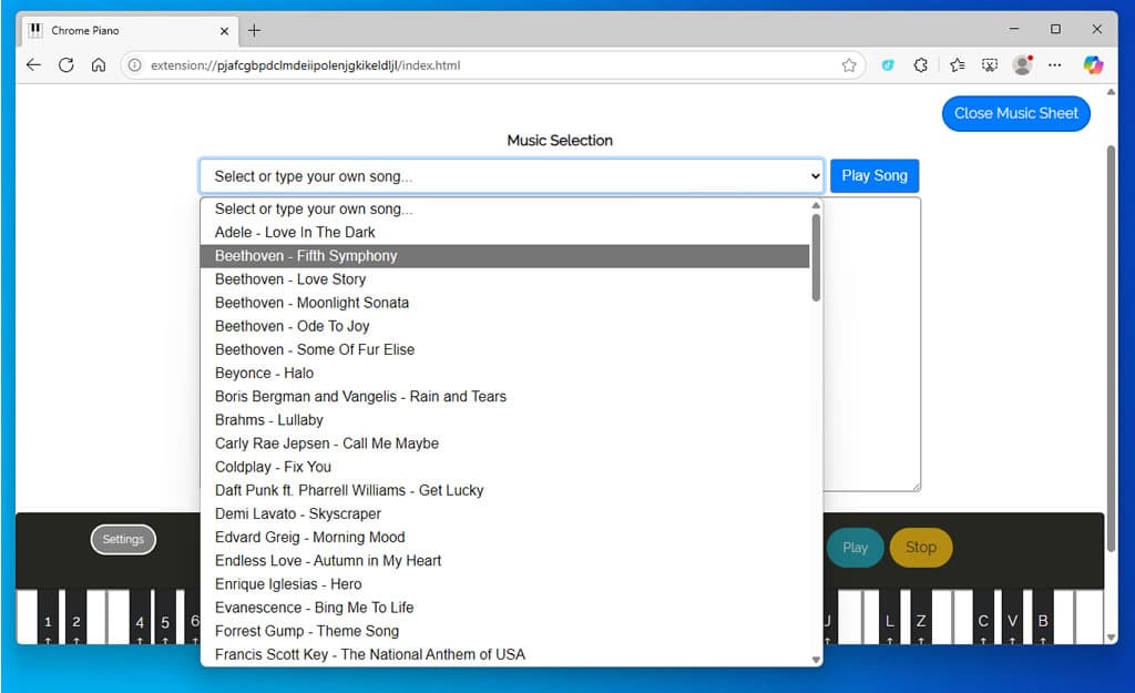 Chrome Piano 擴充功能:讓瀏覽器秒變鋼琴,內建樂譜即點即彈 Chrome Piano 擴充功能:讓瀏覽器秒變鋼琴,內建樂譜即點即彈