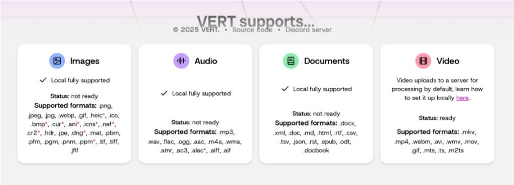 VERT:開源本地端檔案格式轉換器,隱私優先的免費瀏覽器轉檔工具 VERT:開源本地端檔案格式轉換器,隱私優先的免費瀏覽器轉檔工具