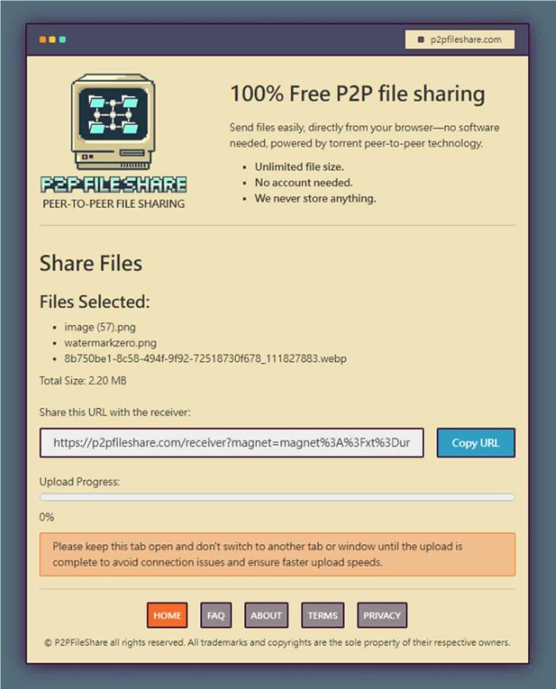 P2PFileShare 線上 P2P 傳檔免費工具，免安裝無檔案大小限制直接瀏覽器傳輸