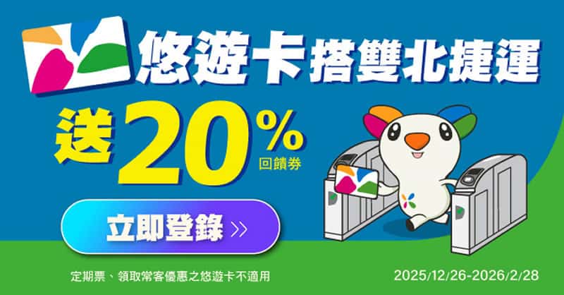 悠遊卡搭3次雙北捷運送20%悠遊付現金回饋券，登錄規則、限制看這篇