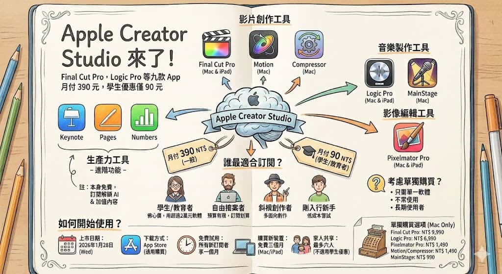 Apple Creator Studio 來了：Final Cut Pro、Logic Pro 等九款 App 月付 390 元，學生優惠僅 90 元