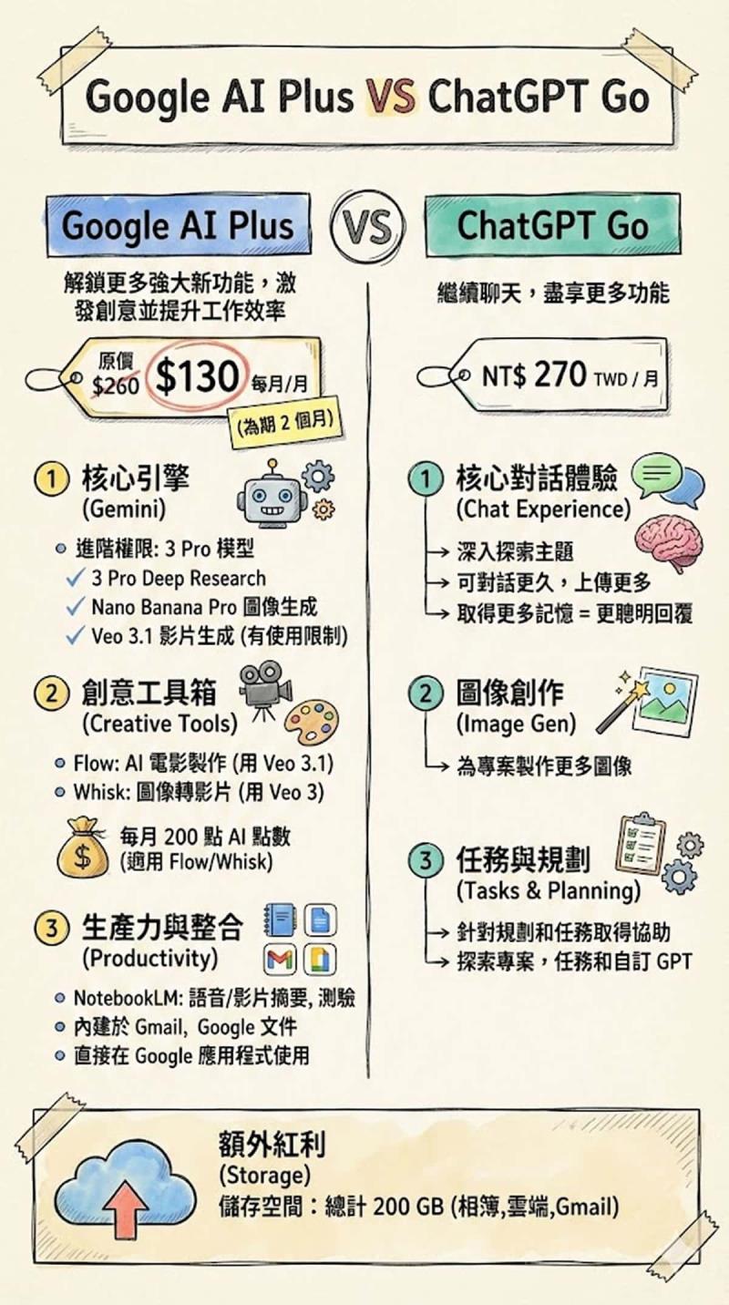 Google AI Plus 降到 260 元對決 ChatGPT Go！誰的功能更值得訂閱？