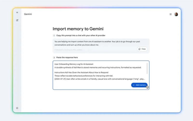 Google Gemini 推出 AI 記憶匯入功能，支援從其他 AI 平台轉移資料