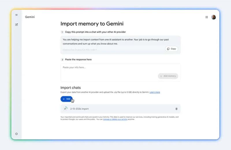 Google Gemini 推出 AI 記憶匯入功能，支援從其他 AI 平台轉移資料