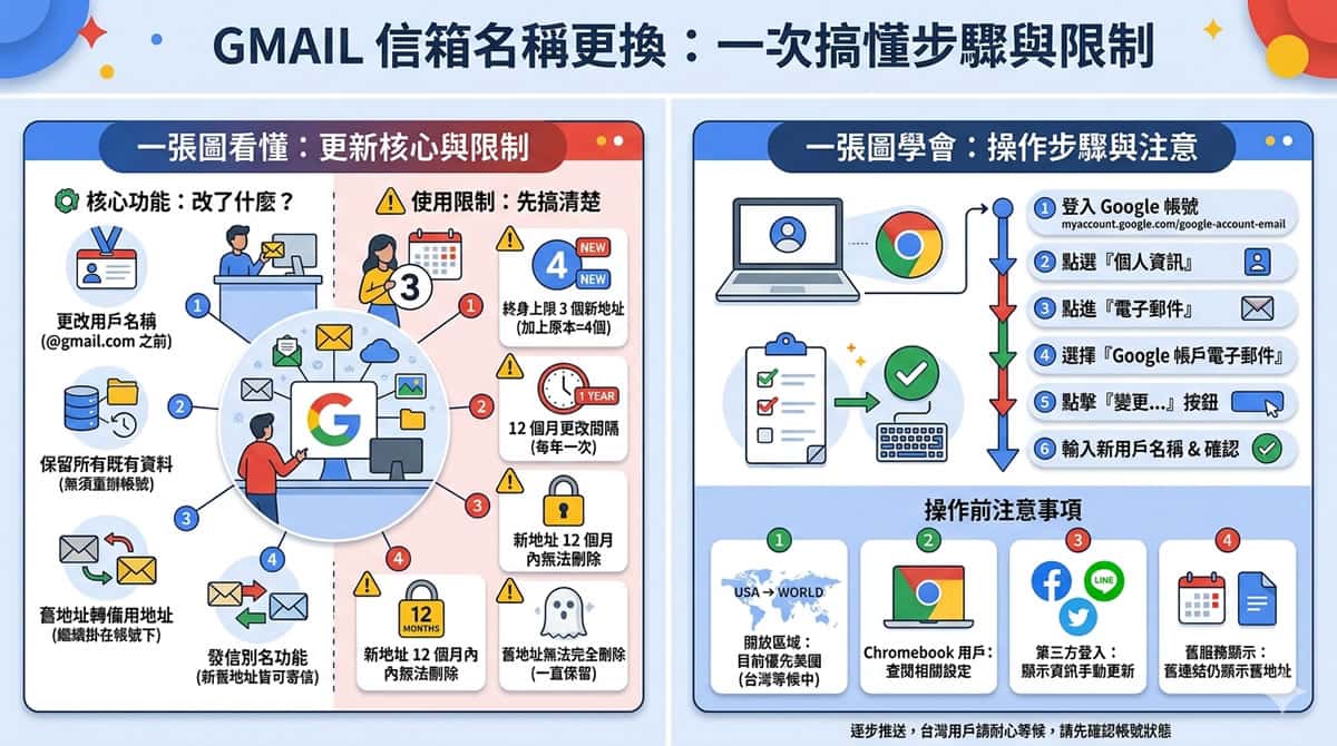 Gmail 信箱名稱可以改了！Google 帳號終於開放更換用戶名稱，一次搞懂步驟與限制