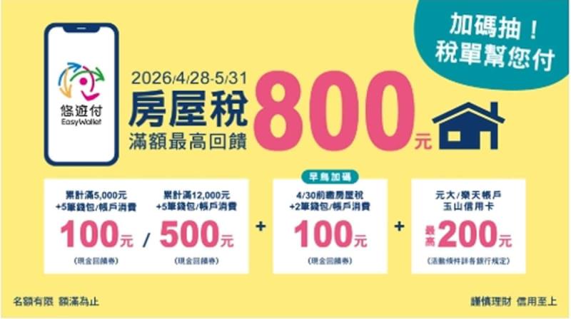 用悠遊付繳房屋稅、所得稅，最高回饋 $800，還能抽整張稅單免費繳！