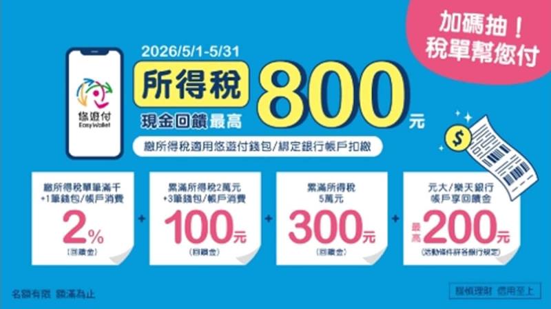 用悠遊付繳房屋稅、所得稅，最高回饋 $800，還能抽整張稅單免費繳！