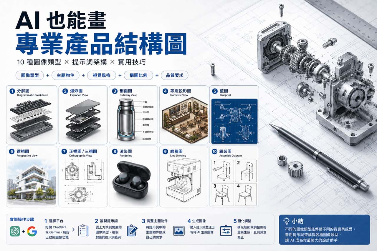 從分解圖到藍圖，AI 畫產品結構圖的 10 種 Prompt 全攻略