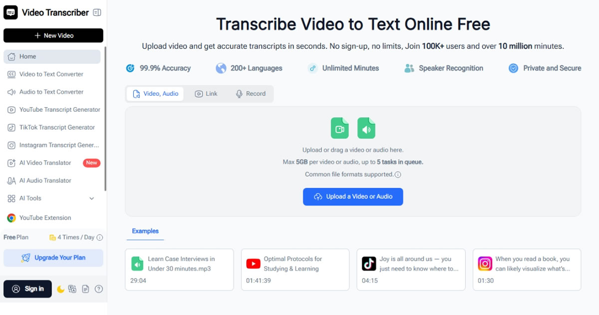 免費影片轉逐字稿!Video Transcriber AI 支援自行上傳、YouTube、TikTok 等,無時間限制 免費影片轉逐字稿!Video Transcriber AI 支援自行上傳、YouTube、TikTok 等,無時間限制