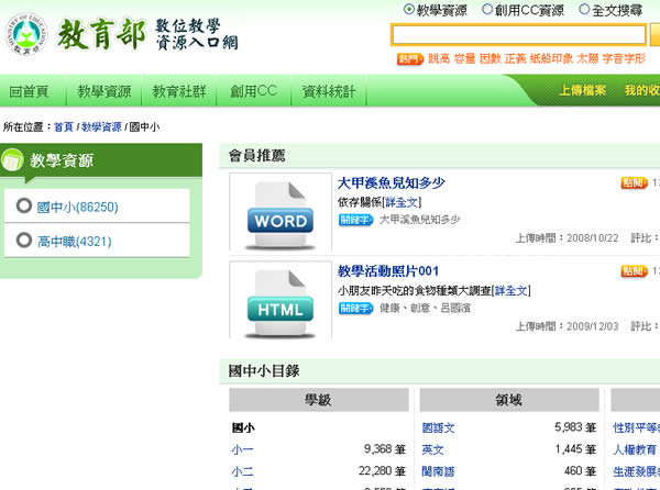 ｢教育部數位教學入口網｣ 提供國中小及高中職各領域知識的豐富資源