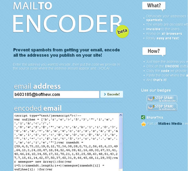 MailToEncoder 線上產生加密的電子郵件地址，減少垃圾郵件
